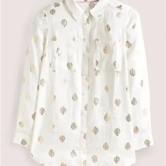 BODEN 100% Linen Gold Foil Medallion Block Print Button Down Shirt Blouse L/XL - Picture 2 of 12
